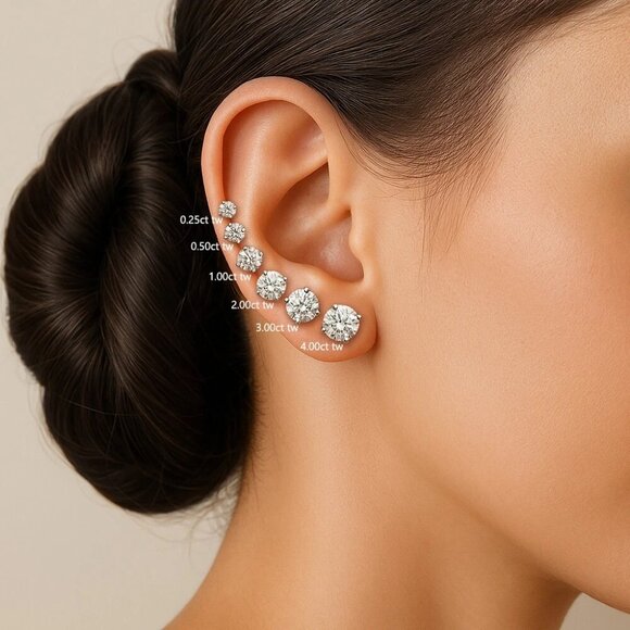 Non-Certified 4.00ct Lab Grown Diamond Round 4-Prong Stud Earrings in 14k Y Gold - Picture 4 of 5